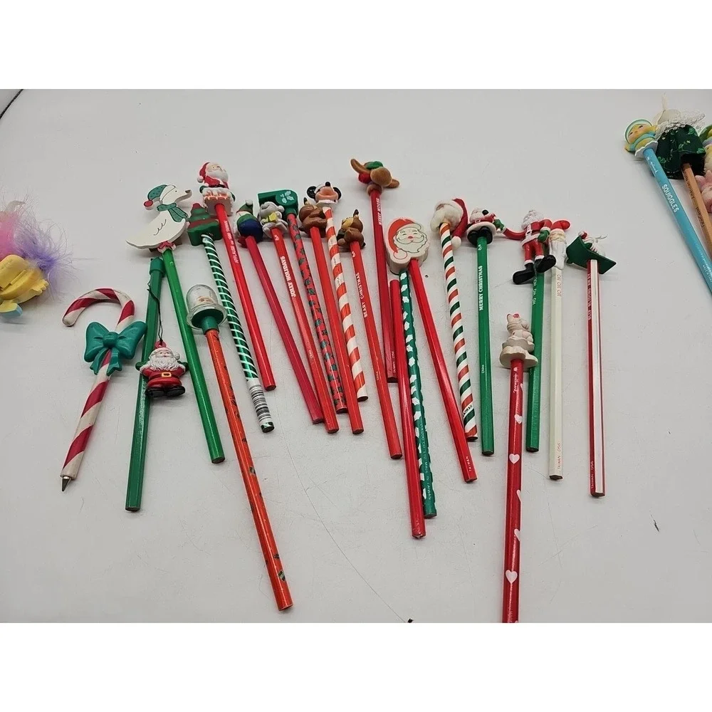 Vintage Novelty  Pencils w/ Toppers LOT 80s 90s Lot Of 22 Christmas Theme School